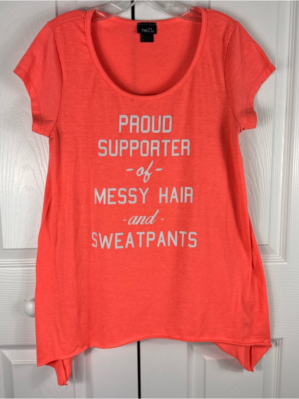 Rue21 Women's Messy Hair and Sweatpants Handkerchief Hem Orange Top Size Large